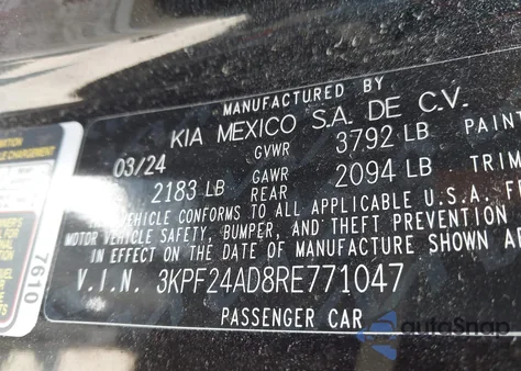 2024 Kia Forte Lx/Lxs z USA, uszkodzony, nr VIN 3KPF24AD8RE771047